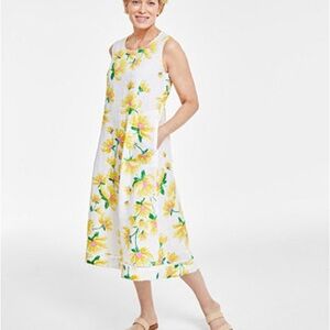 100% Linen Charter Club Luxury Dress with Yellow and Pink Floral Design NWOT